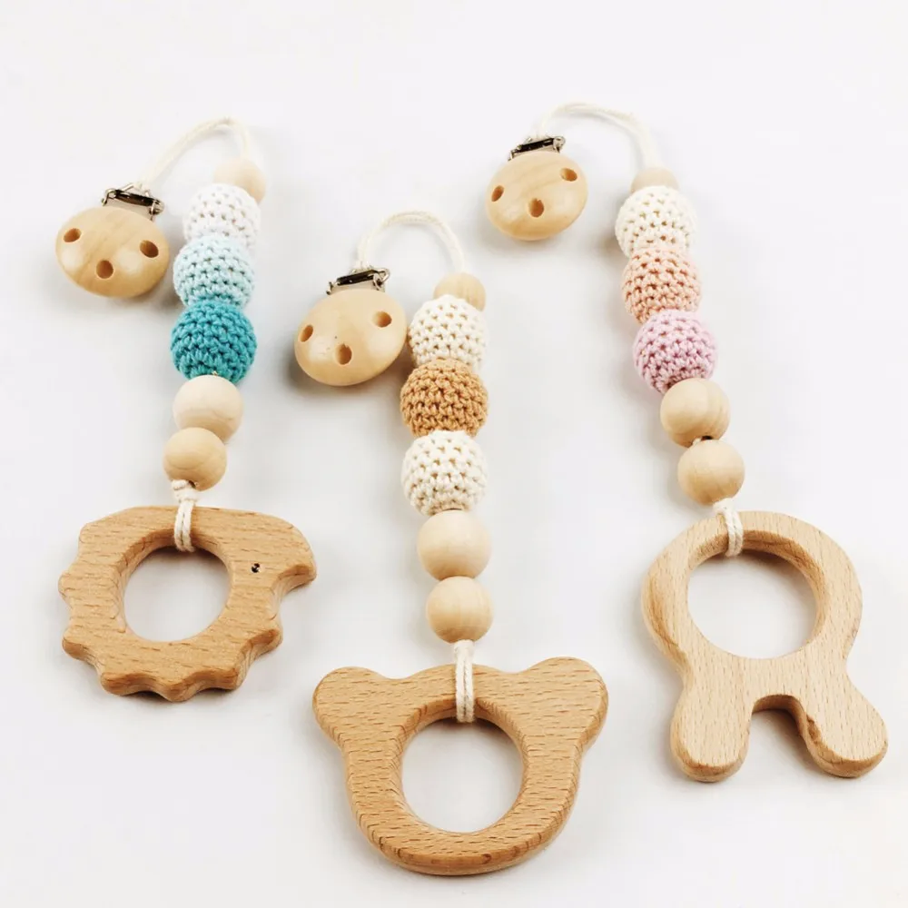 Natural Beech Wooden Dummy Teether Pendant Baby Teether Pacifier Chain