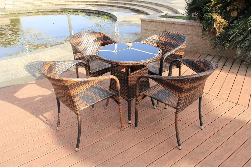 27.5" Round Patio Wicker Rattan Dining Table Tempered Glass Top