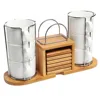 Natural Bamboo Coaster Deluxe Set of 6 White Ceramic Espresso Tea Cups & Bamboo Coasters with Tabletop Storage Rack