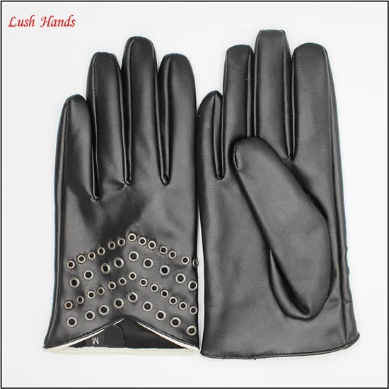 2017 women short style black driving PU leather gloves with rivet air hole