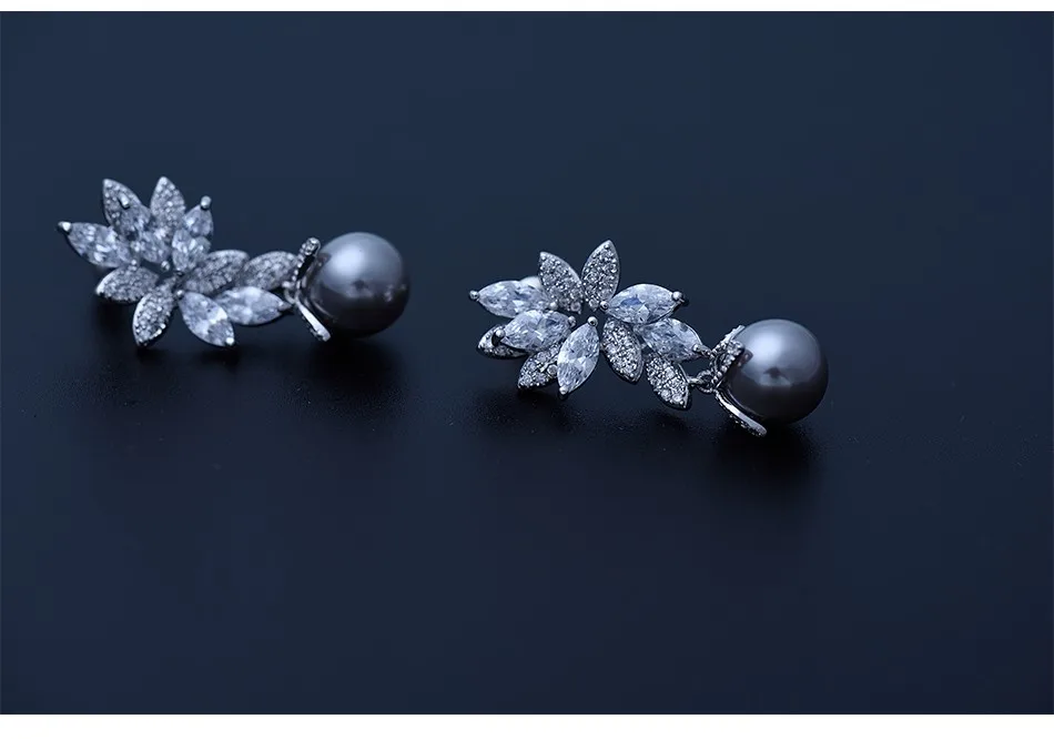 LUOTEEMI 2017 Luxury Women's Fashion Imitation Gray Pearl Flower Shaped Statement Drop Stud Wedding Earrings