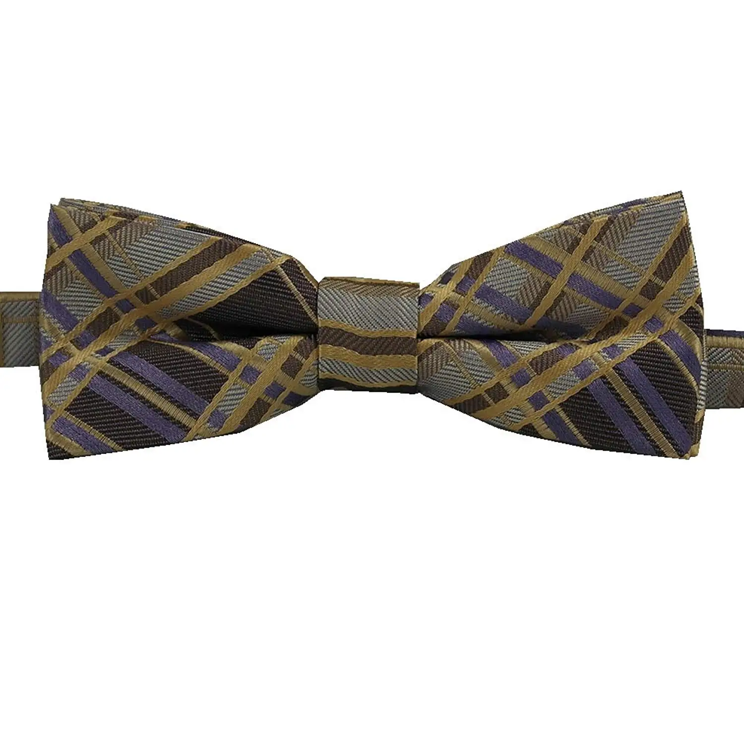 Gold adjustable bow tie band fits children 0-13 years old Purple and Brown Plaid Childrens Pretied Bow tie Lavender