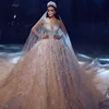 Chinese women champagne color luxury ball gown princess wedding dress bride dress with long train