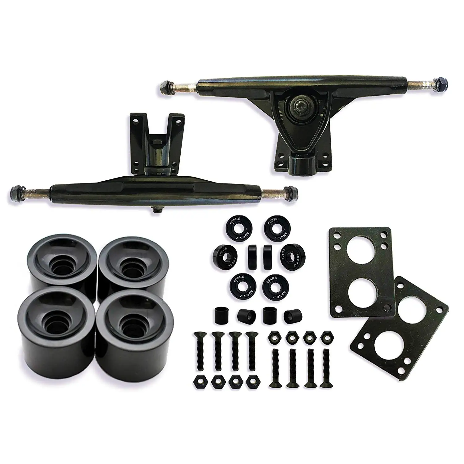 Longboard Skateboard Package, 7inch Aluminum Trucks Black, 70mm longboard wheel set, Skateboard Bearings, Skateboard Pads 6mm, Skateboard Hardware 1.5 inchboard trucks longboard truck and wheel set