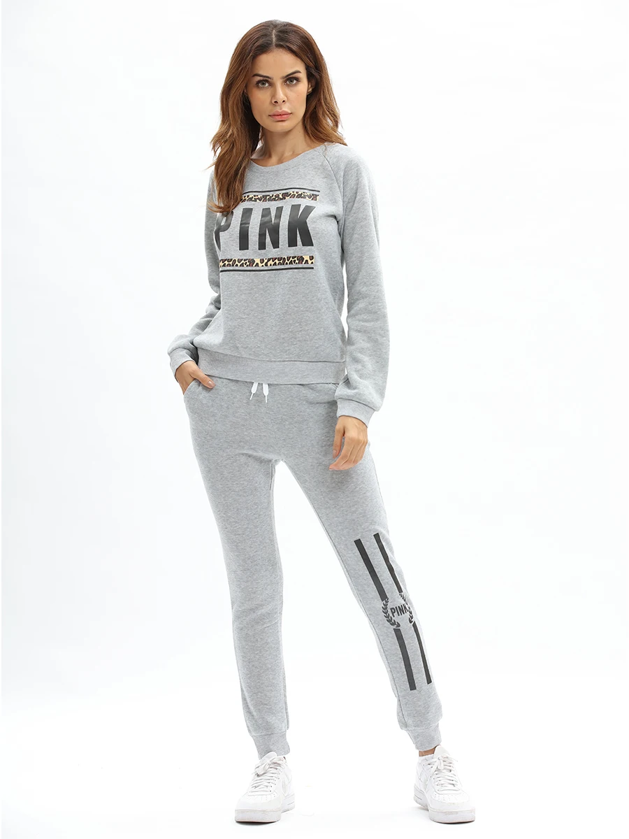 famous high quality cotton women track suit,silk screen pink letters printing female casual sportswear