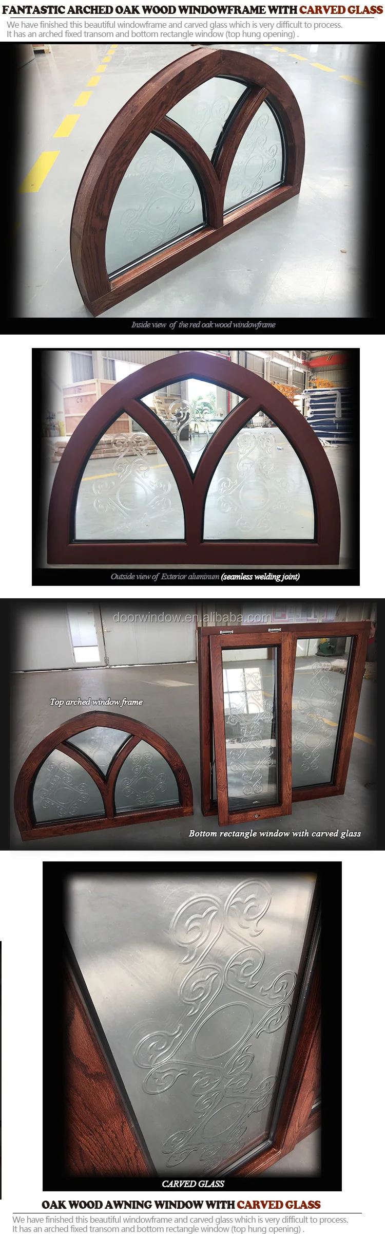 Fantastic arched oak wood window frame with carved glass for house