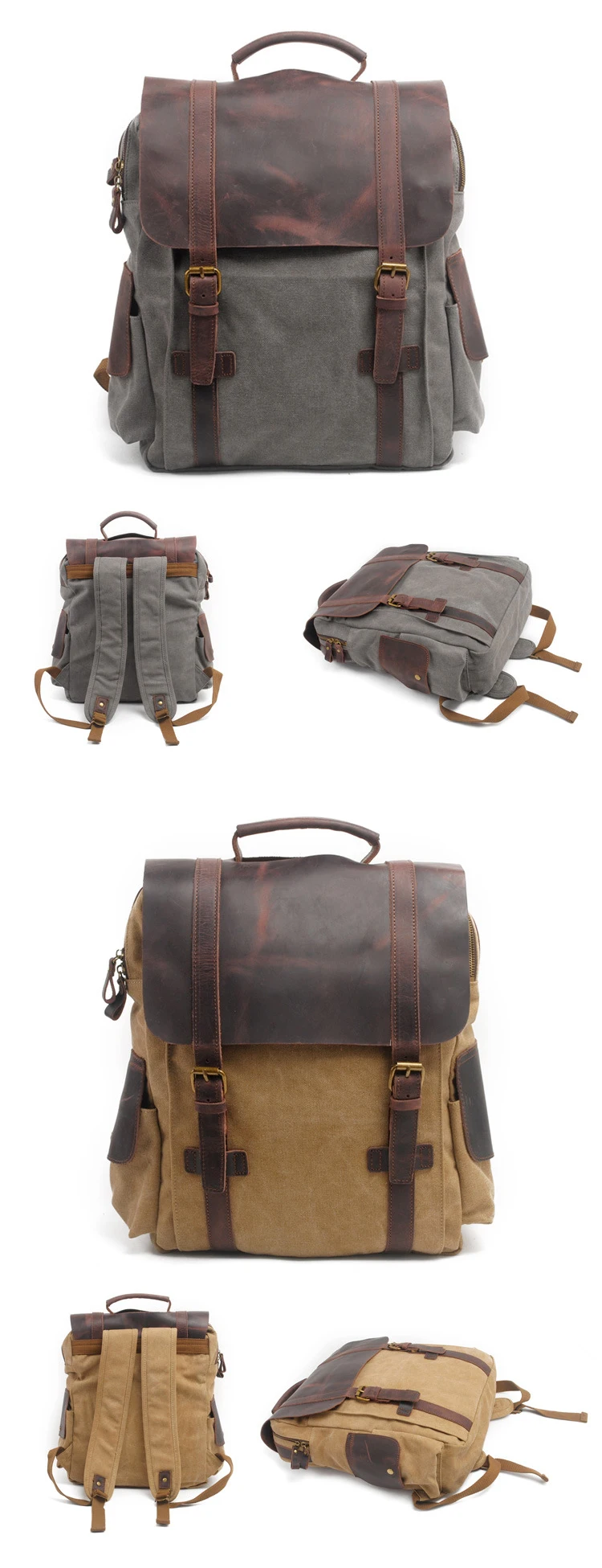 The latest elegant vintage crazy horse leather cotton canvas unisex satchel rucksack school back pack backpack bag