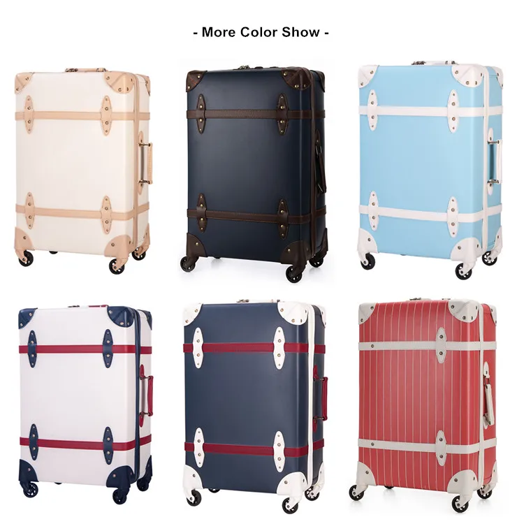 Retro style travel luggage set pu leather pink decorative case vintage suitcase