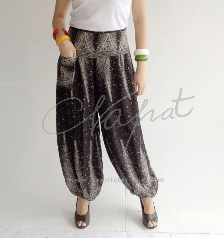 
New pants design for girl Rayon Ladies Aladdin Trouser with Peacock Printed 