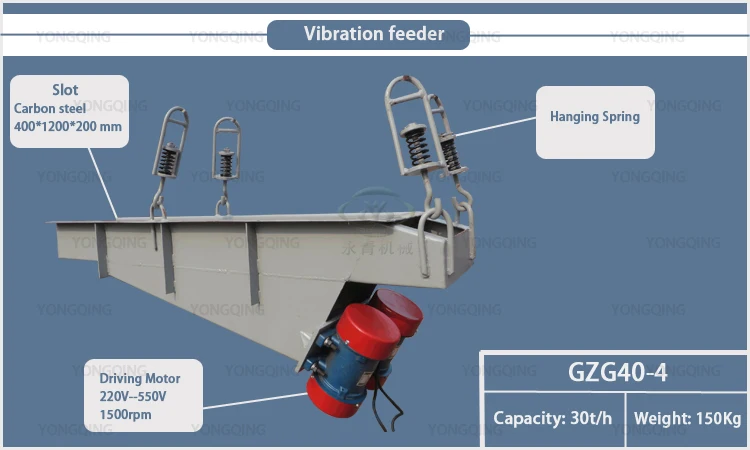 Vibrating feeder conveyor with vibration motors for grain processing