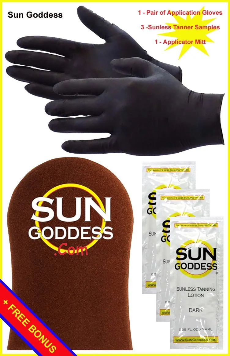 Sun Goddess - Sunless Self Tanning - Black Latex Application Gloves + FREE SHIPPING! + FREE BONUS: Includes FREE Sun Goddess Sunless Self Tanning Application Mitt Applicator & FREE Sample of our Sun Goddess Sunless Self Tanning Lotion! Sun Goddess - The World's Best and Darkest Sunless Self Tanning