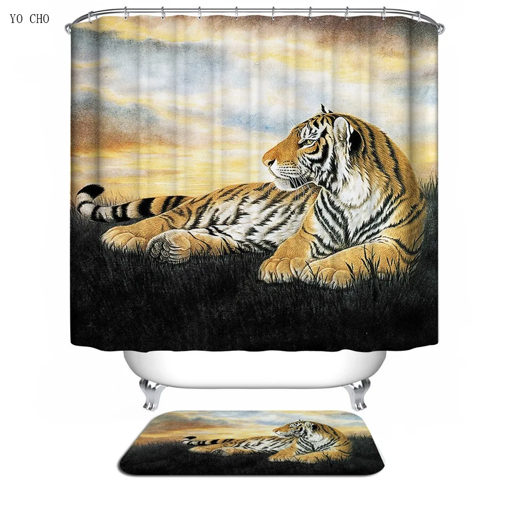 Félins Tigre Lion Polyester imperméable à l'eau salle de bains Tissu Rideau de douche 12 Crochet