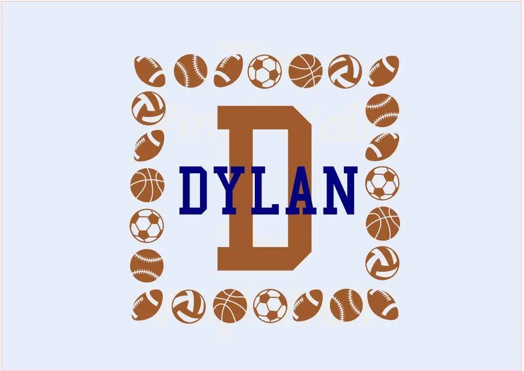 Sports Balls Wall Decal Frame With Custom Name and Initial Decal in Two Colors - Football Baseball Soccer Basketball Varsity Wall Art Decal Wall Sticker 22" w x 22" t