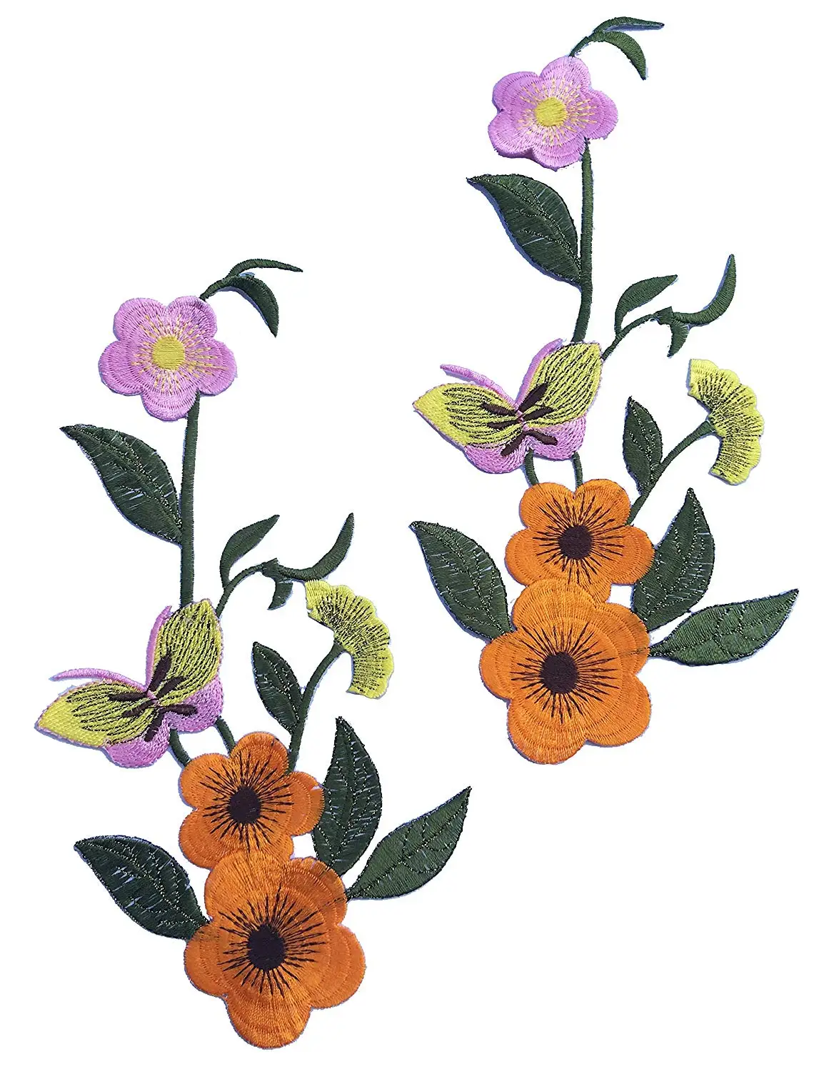 Two Flower with Butterfly Iron on Embroidered Appliques Fabric Motifs, Craft, Sewing, Embroidery Patches,Embroidered Lace Fabric Ribbon Trim Neckline Collar (Orange)