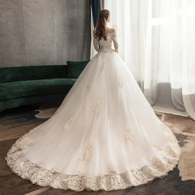 Promotion Lace Applique Cathedral Train Wedding Dress Bridal Gown