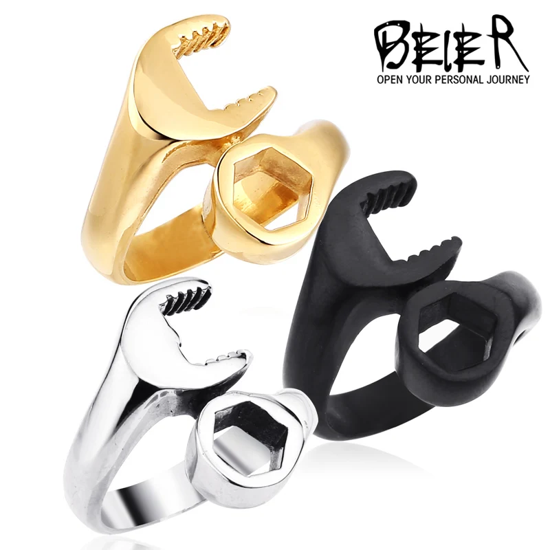 Drop Ship Hot Sale 316L Titanium Stainless steel Punk Biker Wrench Man rings jewelry Fashion Man