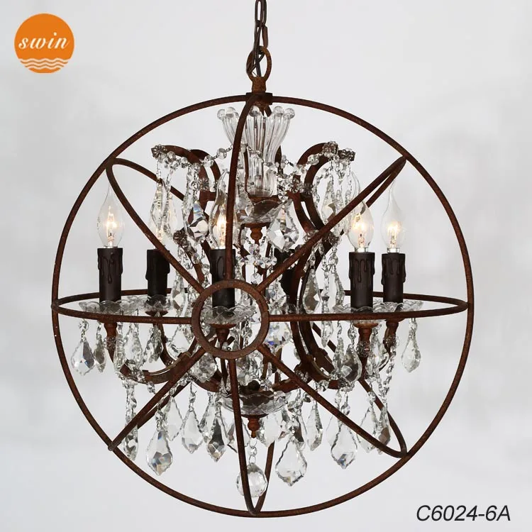 European Vintage 6 Lights Clear Crystal Chandelier Retro Rustic
