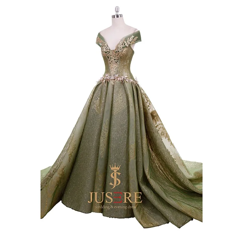 Luxury Green Color With Gold Applique Lace Beading Sequined Aline V