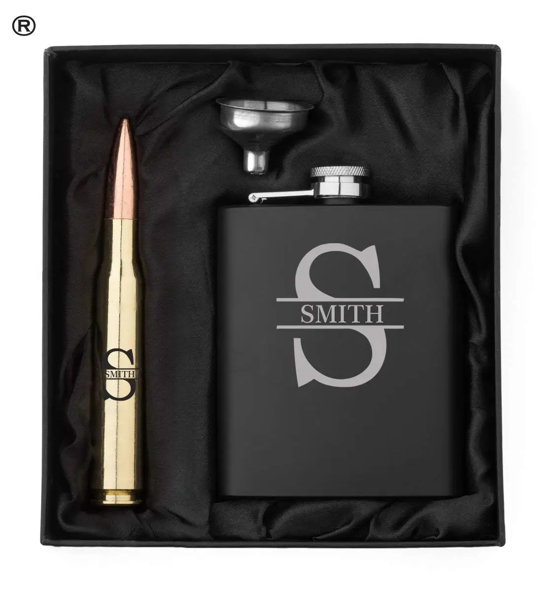 Monogram Initial Engraved Matte Black Hip Flask, Funnel and Brass 50 Caliber Bullet Bottle Opener Gift Box 50 Cal Custom Personalized