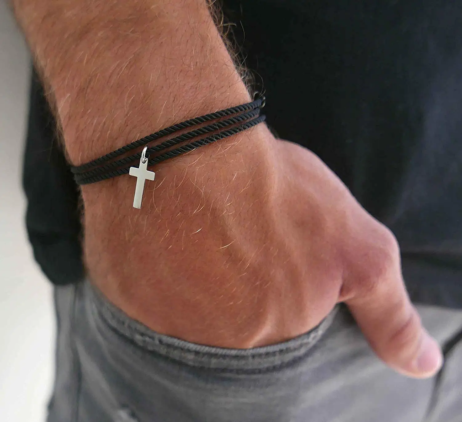 Handmade Wrap Black Fabric Bracelet For Men Set With Stainless Steel Cross Pendant By Galis Jewelry - Cross Bracelet For Men - Religious Bracelet For Men - Christian Bracelet For Men - Jewelry For Men
