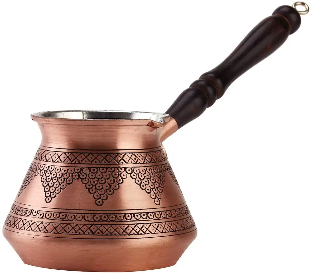 Thick 1 mm MisterCopper Thickest Premier Engraved Solid Copper Turkish Greek Arabic Coffee Pot Cezve Ibrik Briki with Wooden Handle Large - 11 Oz
