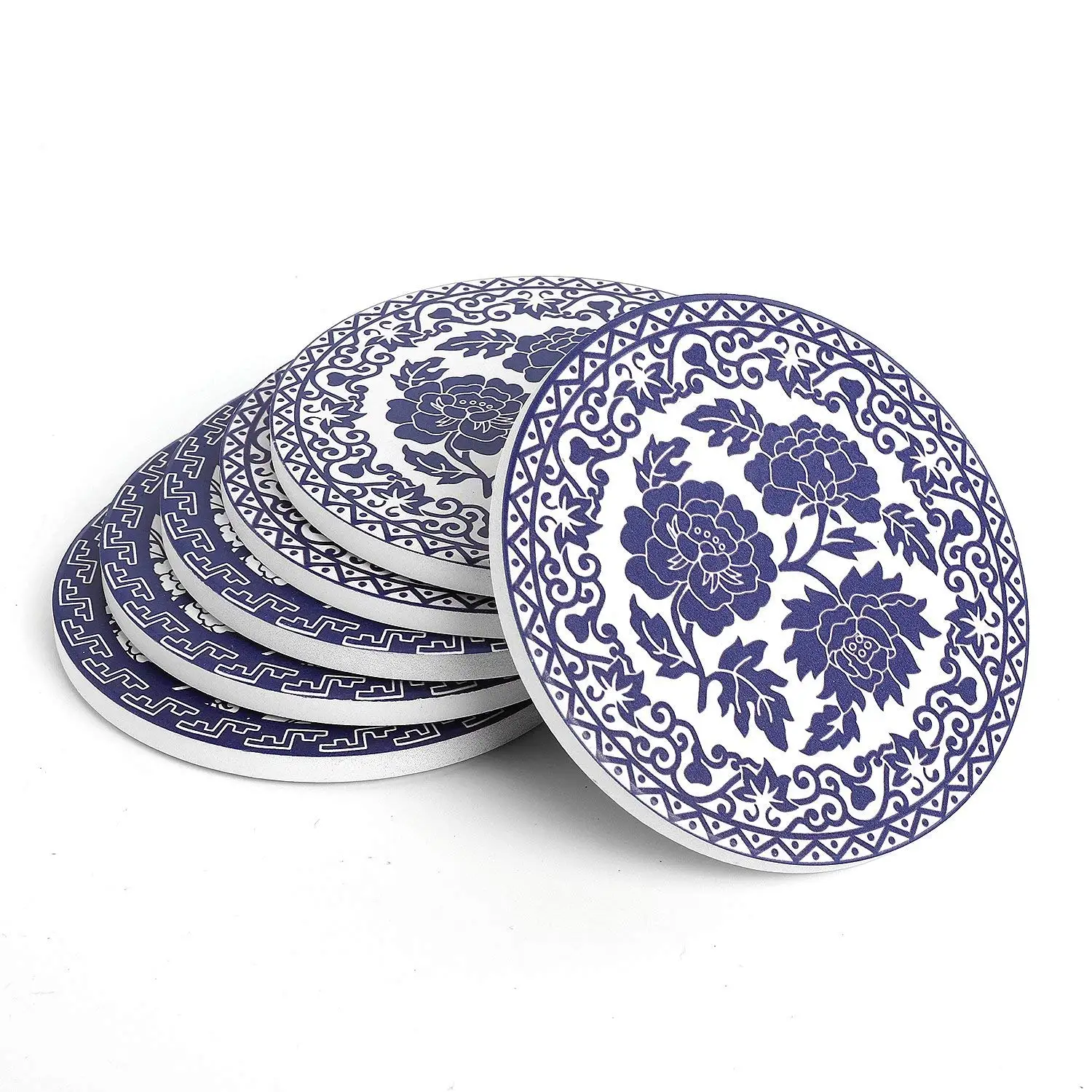 Teocera Drink Coasters - Blue and White China Absorbing Stone Coasters with Cork Base, Prevent Furniture from Dirty and Scratched, Stone Coasters set Suitable for Kinds of Mugs and Cups, Set of 6
