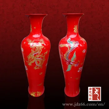 Chinese Style Red Color Dragon And Phoenix Pattern Ceramic Vases