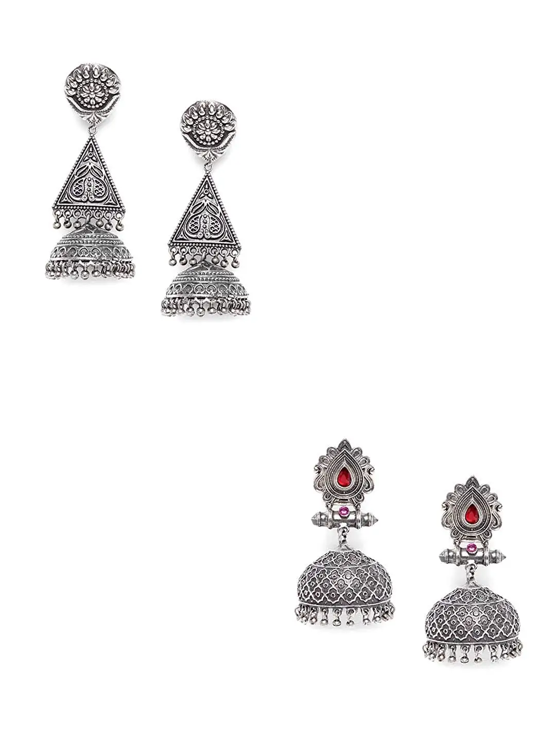 ZeroKaata/ Fashion Jewellery Floral Motifs Tribal Jewellery Silver Plated Jhumkis Combo For Women /& Girls