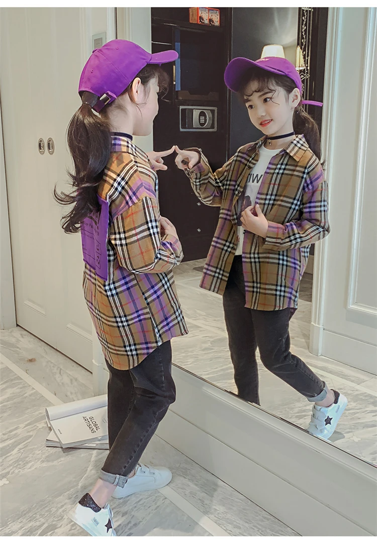 2019 hot sale spring all-match 100% cotton  8-15years girls plaid shirt/blouse children clothes