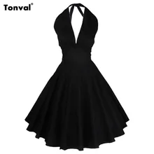 Tonval Women Vintage Rockabilly Black Dress Audrey Hepburn 50s Sexy V Neck Backless Evening Party Halter Summer Dresses