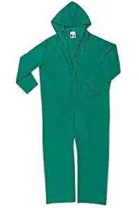 River City Garments 2X Green Dominator .4200 mm PVC And Polyester Flame Resistant Rain Coveralls With Double Storm Flap Over Front Zipper Closure And Attached Drawstring Hood - 1 EA