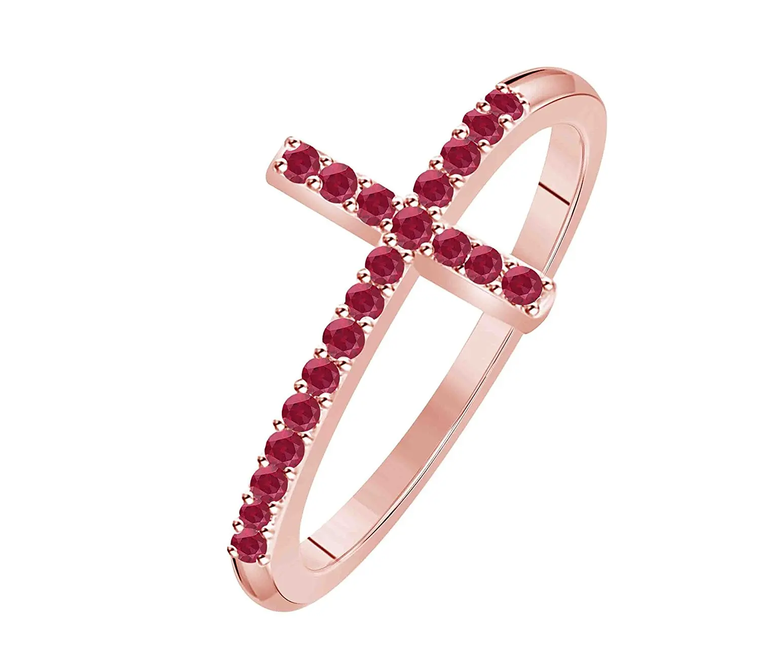 Hot Sale !!! Women's Cross Lab Created Red Ruby Thin Stackable 14K Rose Gold Plated Sideways Cross Ring (Size 4 - 11)