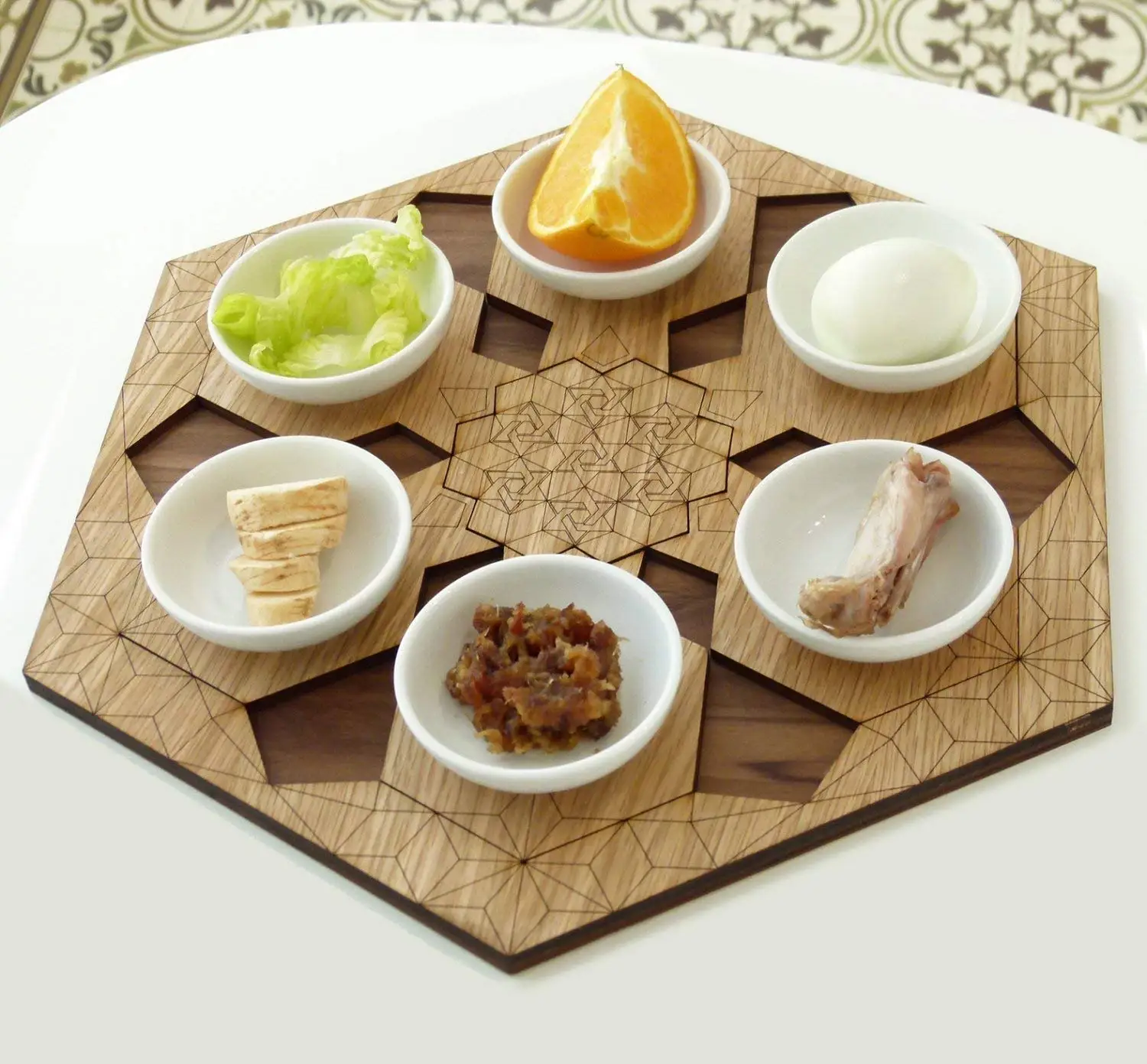 Modern Passover Seder Plate + Set of 6 Pomegranate Shape Coasters. Judaica Gift from Israel, in Hexagon trendy design. Walnut and Oak Veneer over with Laser-Cut Engraving