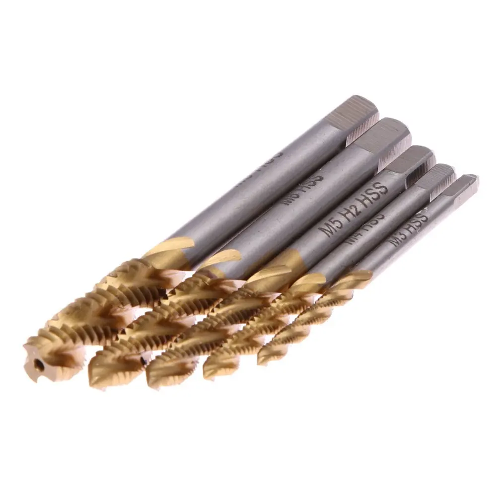 5Pc/Lot Titanium Coated Thread Tap Drill Metric Hss Spiral Fluted Machine Screw Tap M3 M4 M5 M6 M8 Spiral Pointed Taps