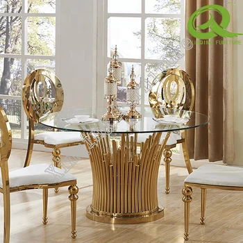 New Style Luxury Gold Stainless Steel Glass Dining Table Set Buy High Quality Dining Table Set Cheap Dining Table Set Modern Brief Dining Table Set Product On Alibaba Com