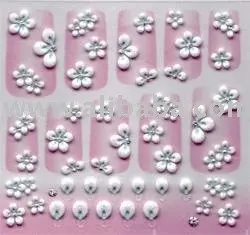 3d flores,blanco y turquesa con plata pegatinas de uñas
