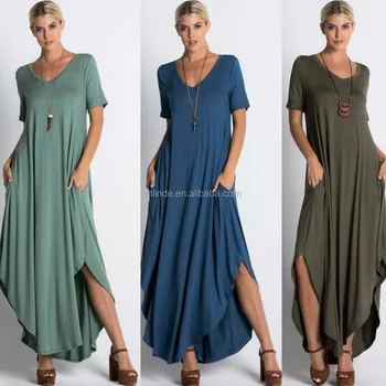 Women Short Sleeve V Neck Maxi Dress Solid Knit Tulip Hem Dress