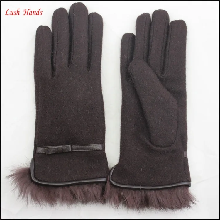 ladies winter warm brown woolen hand gloves with fur