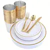 Gold Plastic Plates & Plastic Silverware & Gold Cups 150 Piece, Premium Disposable Dinnerware Set Includes