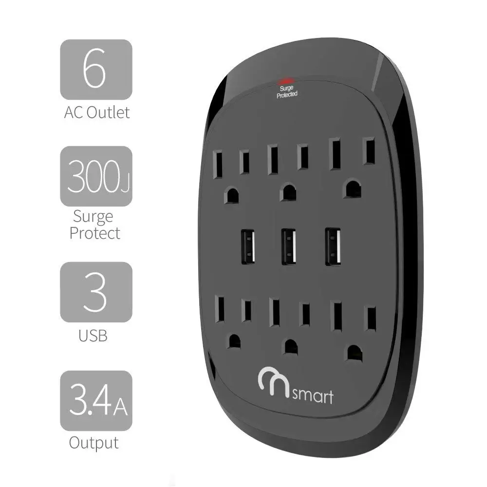 Installs on existing outlets Forza 6 outlet /& 2 USB port Grounded Wall tap 6 Outlet Surge protection 300 Joule rated Surge protection light indicator ETL Verified-UL Forza Power Technologies FWT-760USB USB ports 2.1AMP charging
