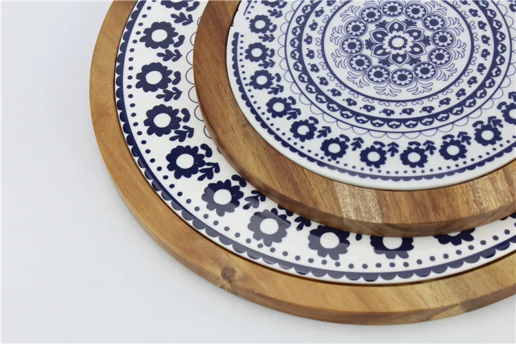 Non-slip wooden base custom printed ceramic serving tray with sauce bowls