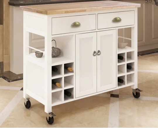 Multifunctional Wood White Kitchen Cart with Wine Rack