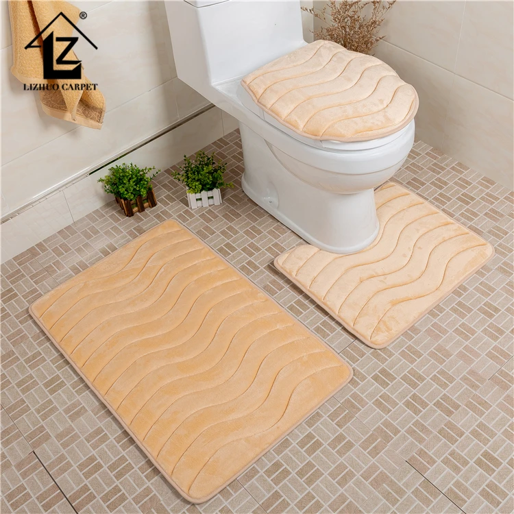Washable Flannel Embossed Foam Backing 3 Piece Bath Rug Sets