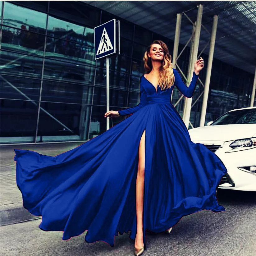 2019 Euramerican foreign trade hot sale new style dresses hot style sexy deep V-neck long sleeve prom dresses ball-gown skirt