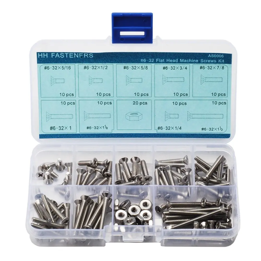 #6-32 Flat Head Machine Screws Assortment Kit,#2 Phillips Drive,Stainless Steel,1/4-inch to 1-1/4-inch,Nuts(110 piece)