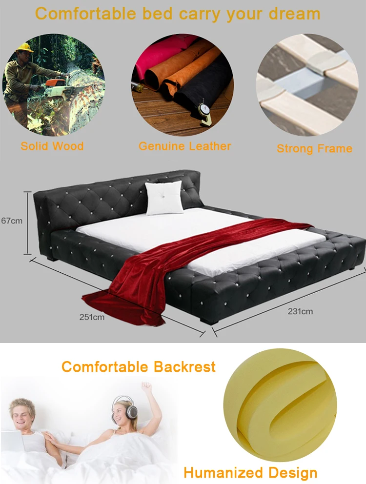 2018 latest modern design wooden frame soft king size bed luxury furniture genuine leather home with crystals