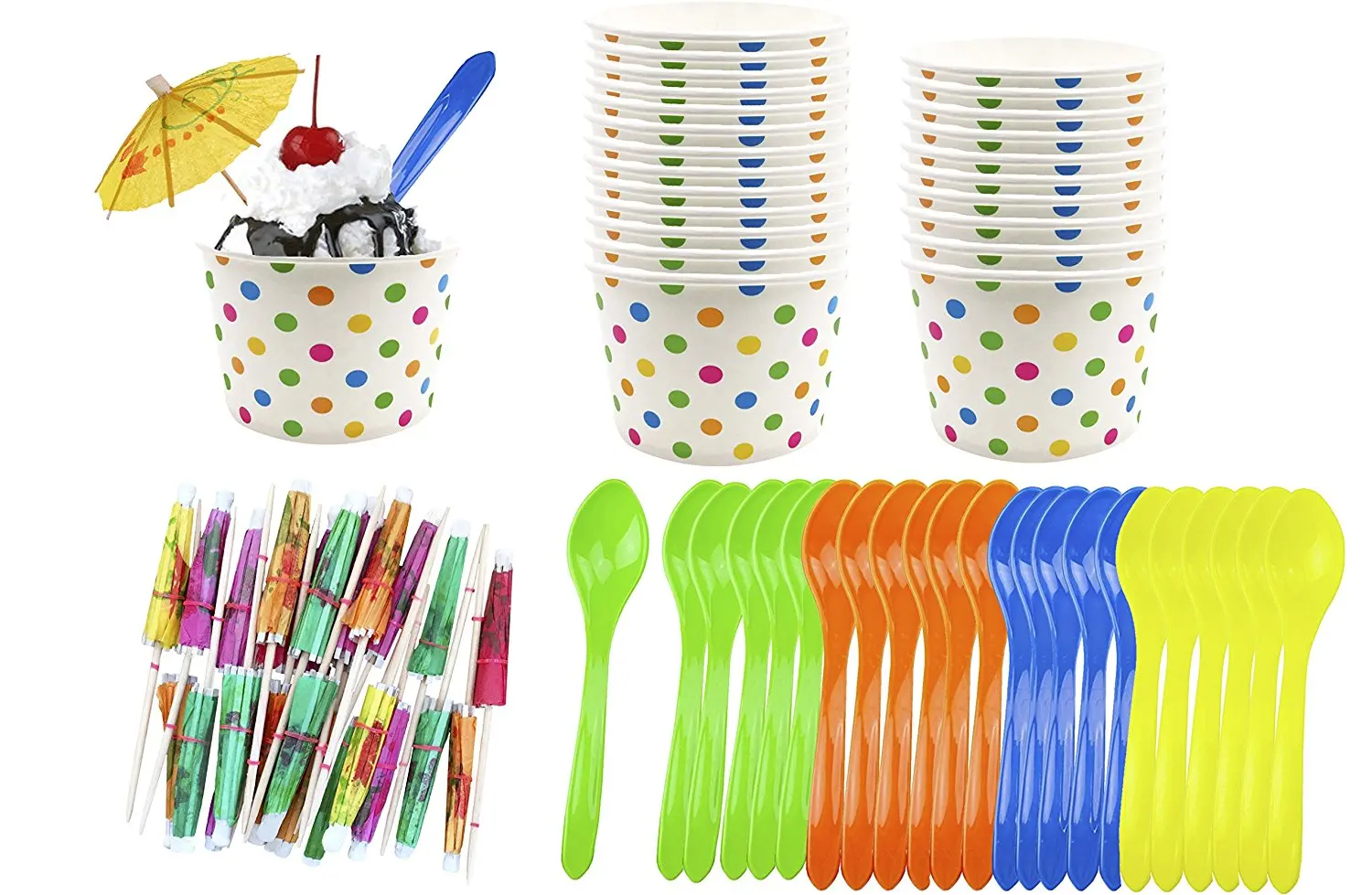 Ice Cream Sundae Kit - 8 Ounce Polka Dot Paper Cups - Plastic Spoons - Paper Umbrellas - Blue Orange Yellow Green - 24 Each