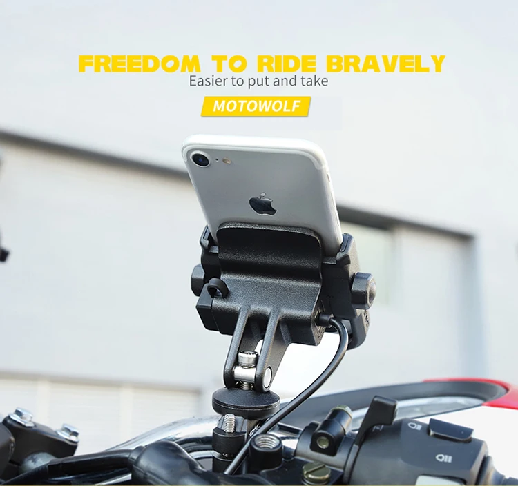 Aerial Aluminio Metal de Motocicleta manillar Phone Mount Holder with USB Charger 