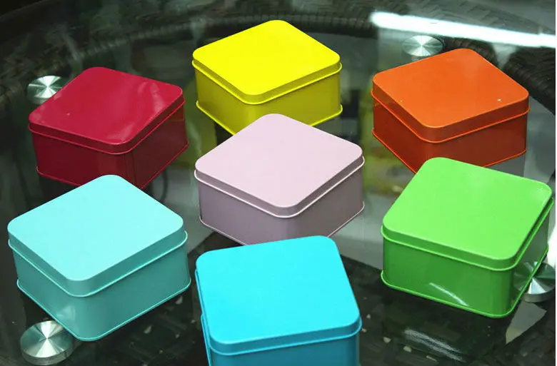 pastel colour square tin box