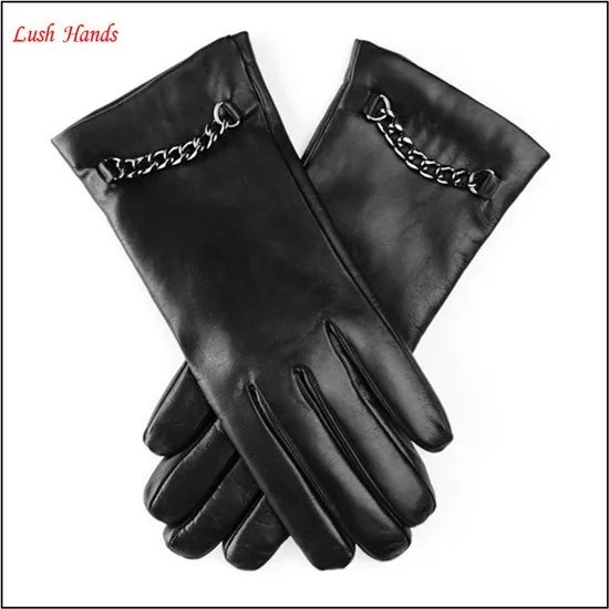 Women's Classic caschmere lined Hairsheep Leather Gloves with Metal chain
